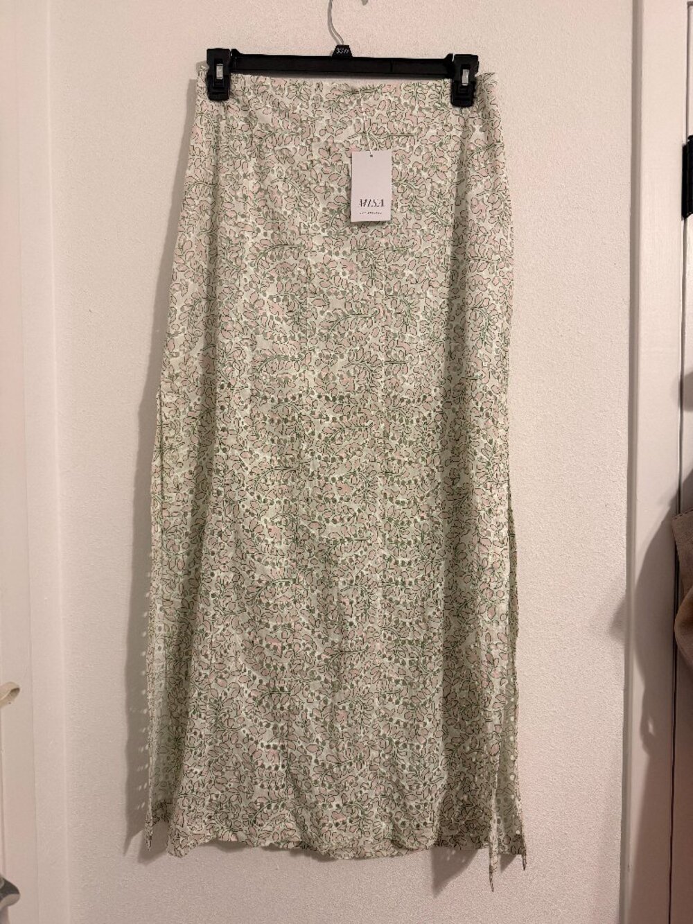 NWT Misa Los Angeles green, white, and pink eyelet maxi skirt